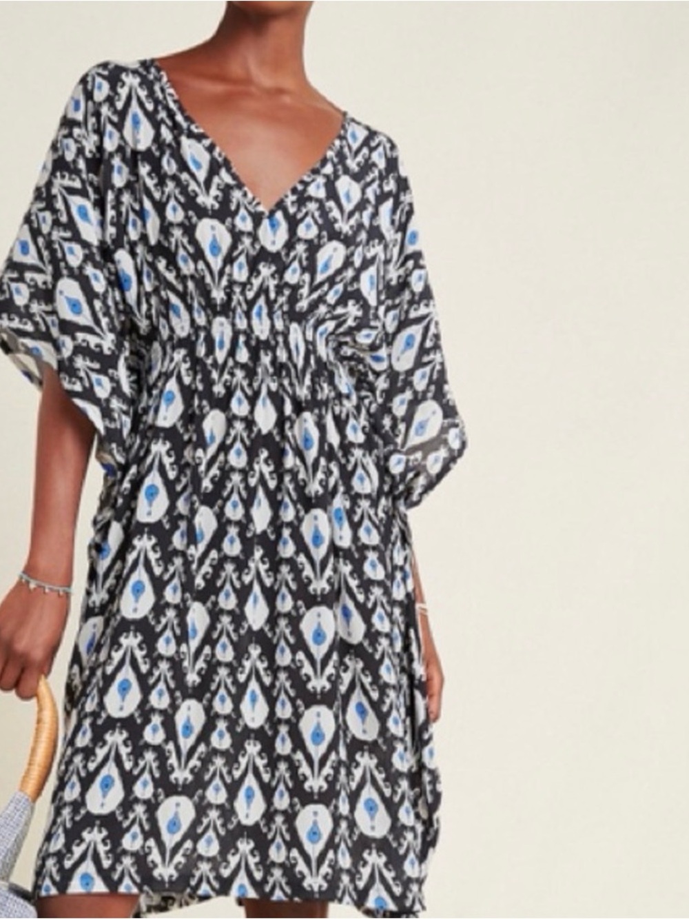 Rujuta Sheth Anthropologie One Size Ikat Caftan Dress Block Print Batwing Sleeve